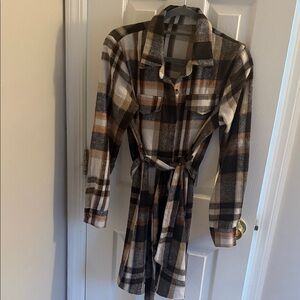 Cupshe Long Sleeve Plaid Dress - Brown, Black, Cream